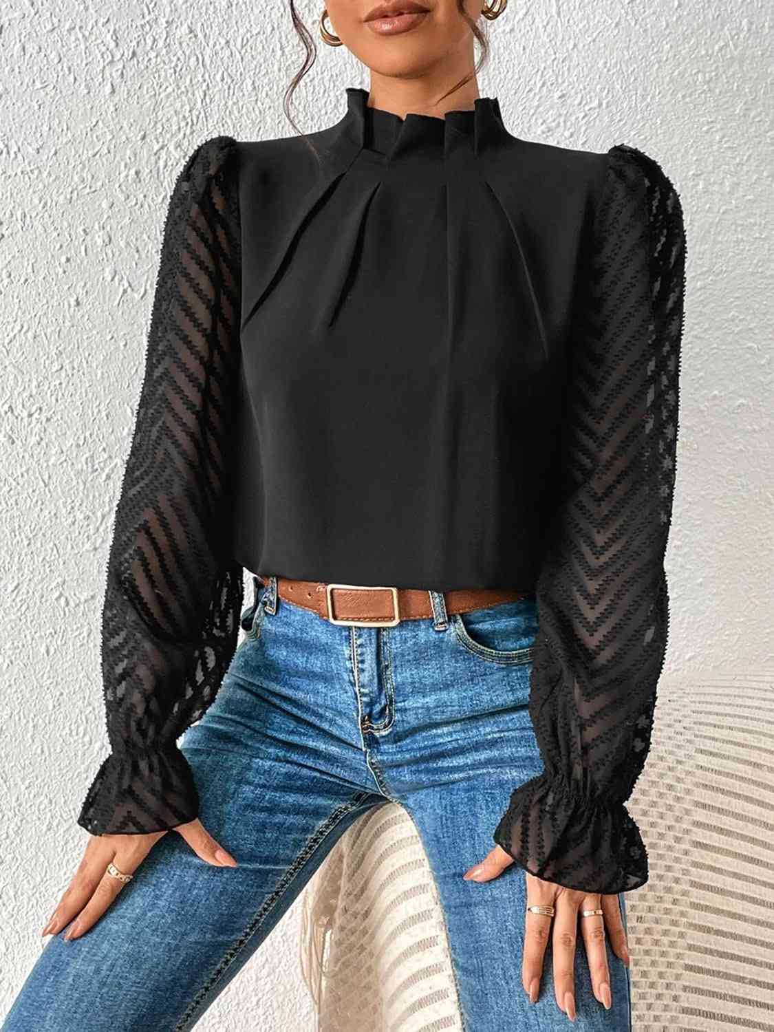 Mock Neck Flounce Sleeve Blouse - Create the impossible