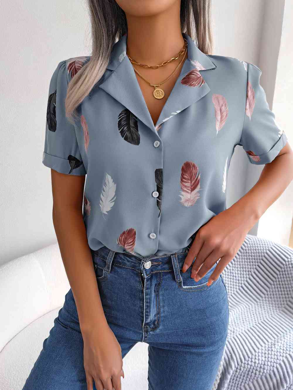 Feather Print Lapel Collar Puff Sleeve Shirt