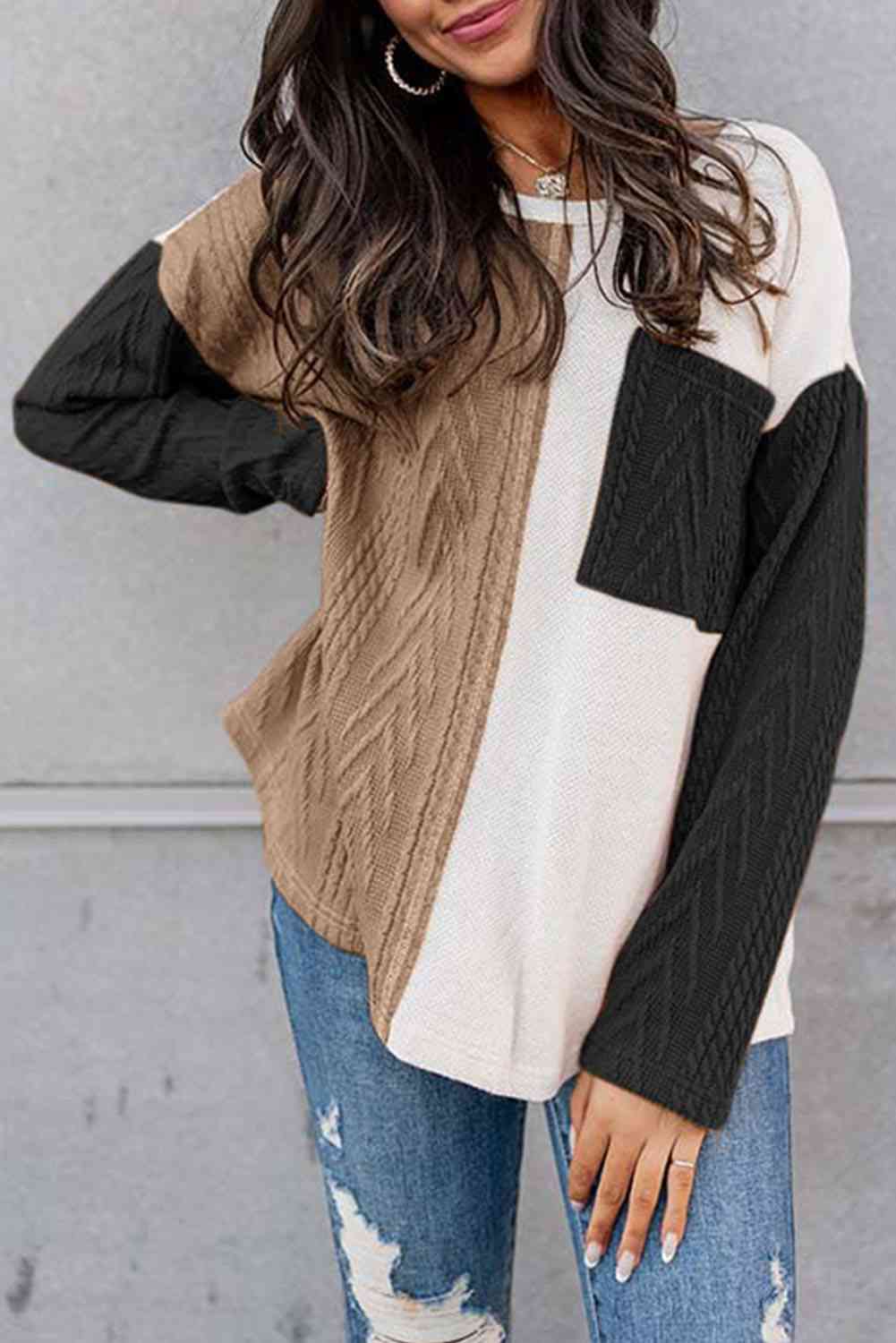 Full Size Color Block Cable-Knit Tops - Create the impossible