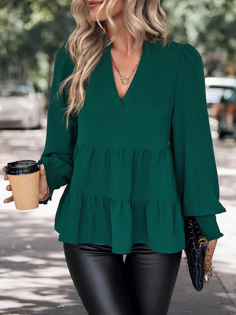 Notched Neck Lantern Sleeve Blouse - Create the impossible