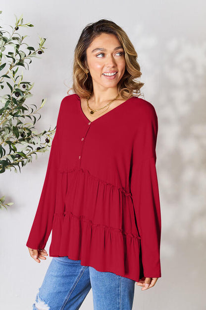 Double Take Half Button Long Sleeve Ruffle Hem Blouse - Create the impossible