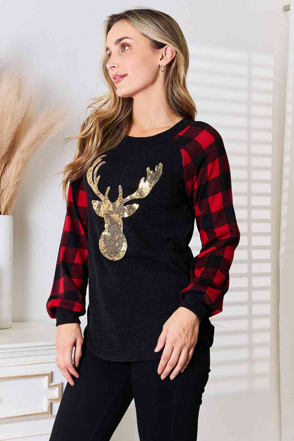 Heimish Full Size Sequin Reindeer Graphic Plaid Top - Create the impossible