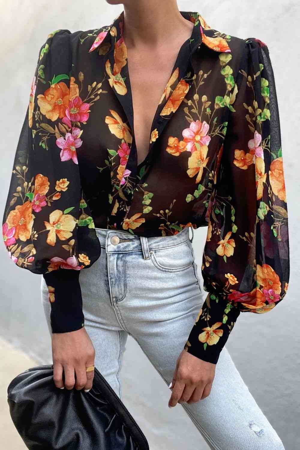 Double Take Flower Print Collared Neck Lantern Sleeve Shirt