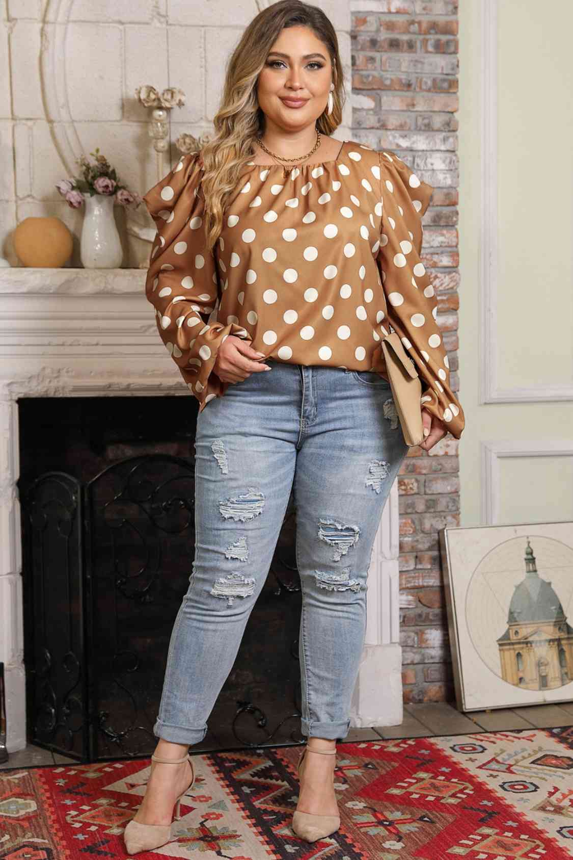 Plus Size Polka Dot Long Sleeve Blouse - Create the impossible