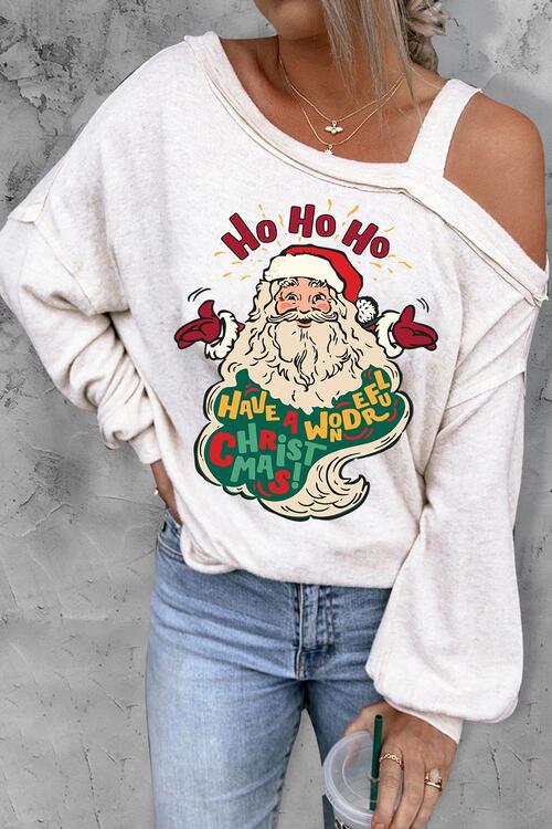 Santa Claus Graphic Asymmetrical Neck Long Sleeve Top - Create the impossible