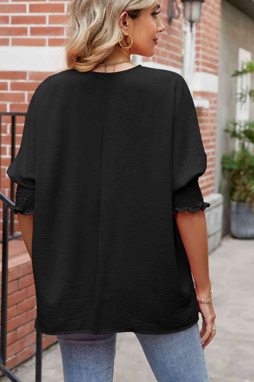 Round Neck Smocked Lantern Sleeve Blouse - Create the impossible