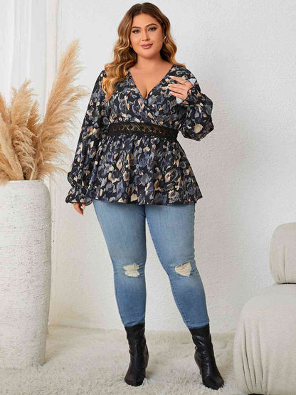 Plus Size Surplice Neck Flounce Sleeve Blouse