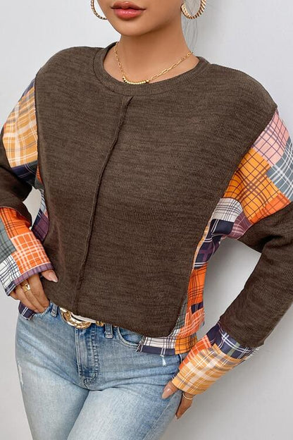 Plaid Exposed Seam Round Neck Sweatshirt