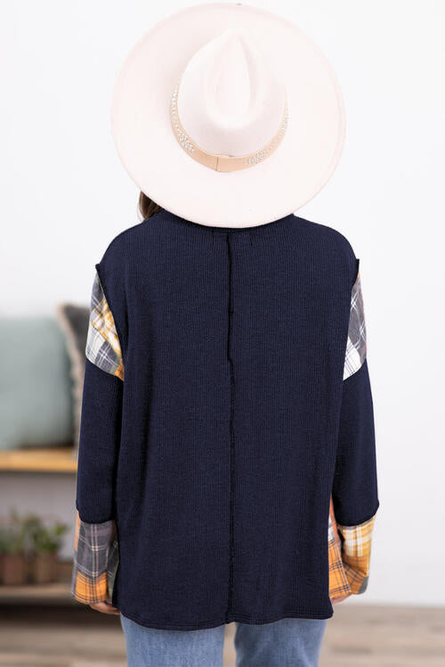 Plaid Exposed Seam Round Neck Sweatshirt