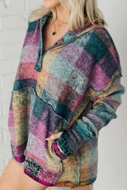 Multicolor Brushed Plaid Buttoned Pullover Oversized Hoodie - Create the impossible