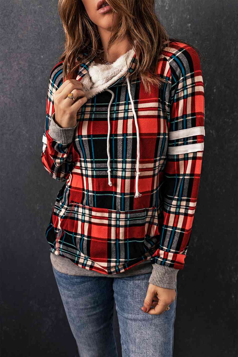 Plaid Drawstring Long Sleeve Sweatshirt