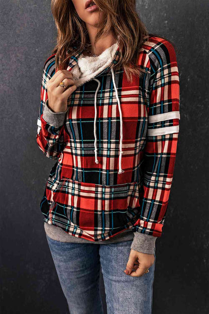 Plaid Drawstring Long Sleeve Sweatshirt