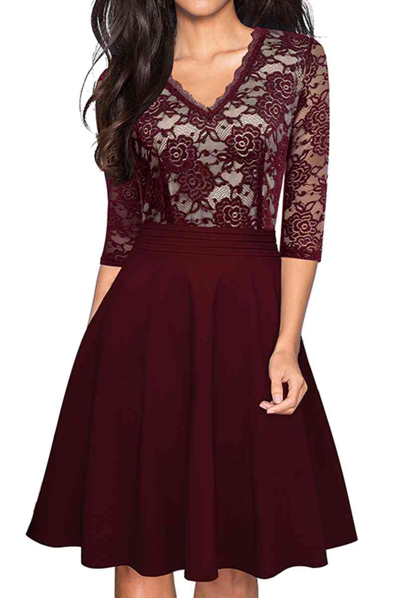 V-Neck Lace Detail Knee-Length Dress