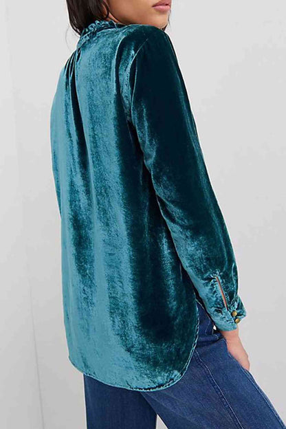 Notched Neck Buttoned Long Sleeve Velvet Blouse - Create the impossible