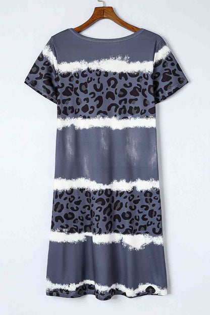 Leopard Color Block V-Neck Short Sleeve Dress