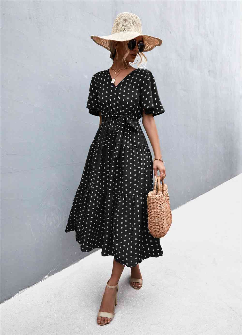 Printed V-Neck Flutter Sleeve Belted Dress - Create the impossible