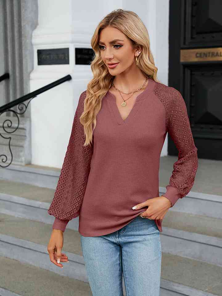 Notched Neck Raglan Sleeve Blouse - Create the impossible