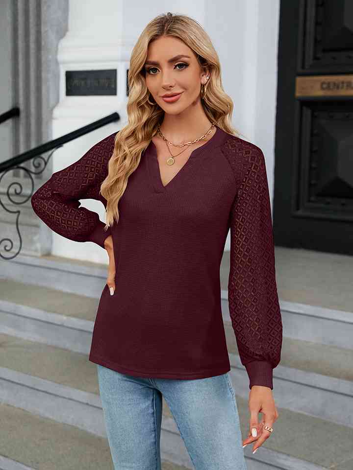 Notched Neck Raglan Sleeve Blouse - Create the impossible