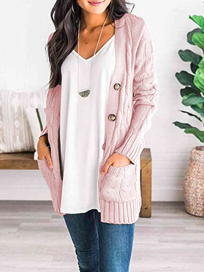 Cable-Knit Buttoned Cardigan with Pockets