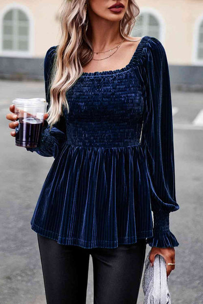 Smocked Square Neck Long Sleeve Blouse - Create the impossible