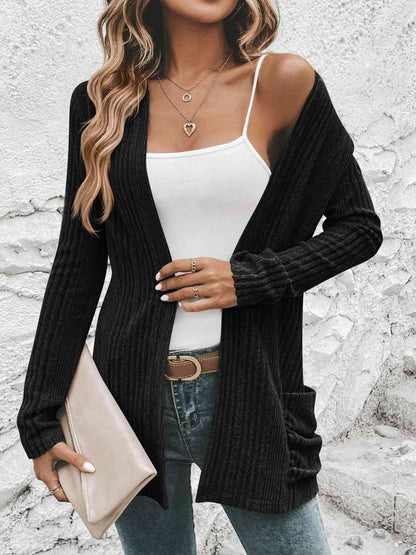 Ribbed Open Front Cardigan with Pockets