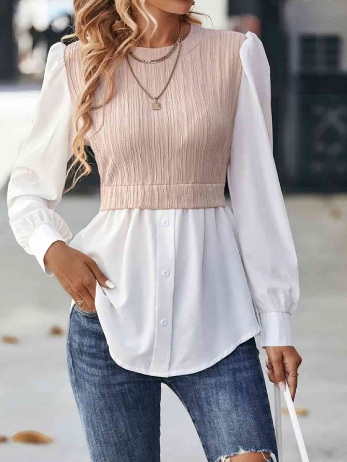 Contrast Round Neck Puff Sleeve Blouse - Create the impossible