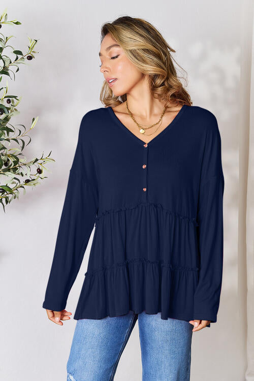 Double Take Half Button Long Sleeve Ruffle Hem Blouse - Create the impossible