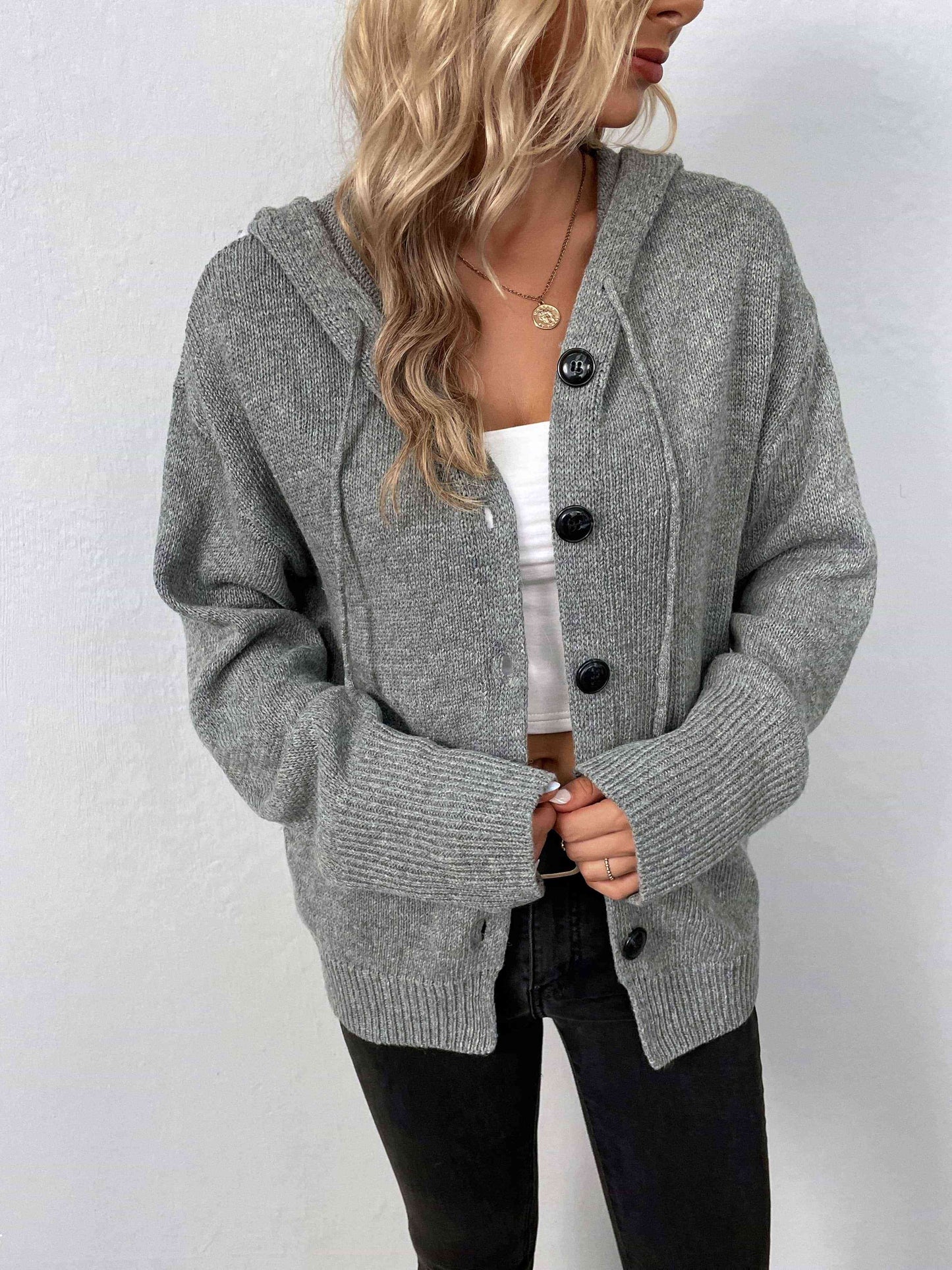 Button-Down Long Sleeve Hooded Sweater - Create the impossible