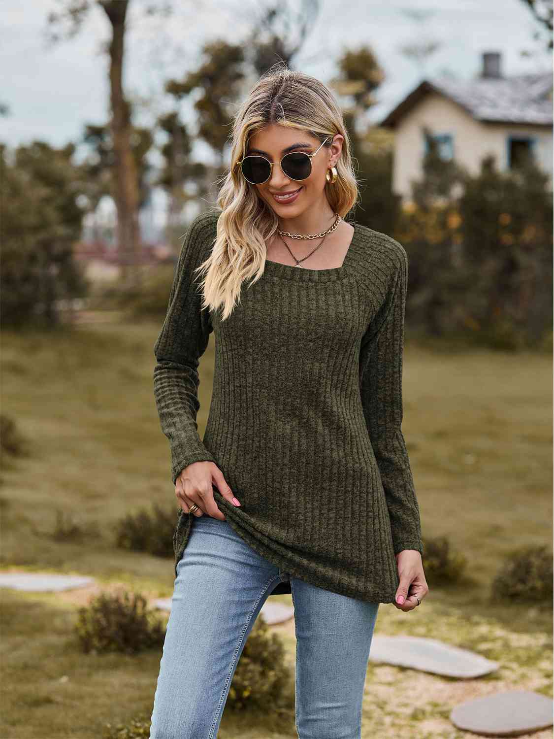 Full Size Ribbed Square Neck Long Sleeve T-Shirt