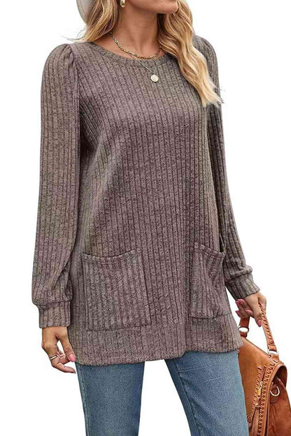 Ribbed Round Neck Long Sleeve T-Shirt