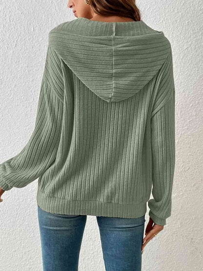 Ribbed Dropped Shoulder Drawstring Hoodie - Create the impossible