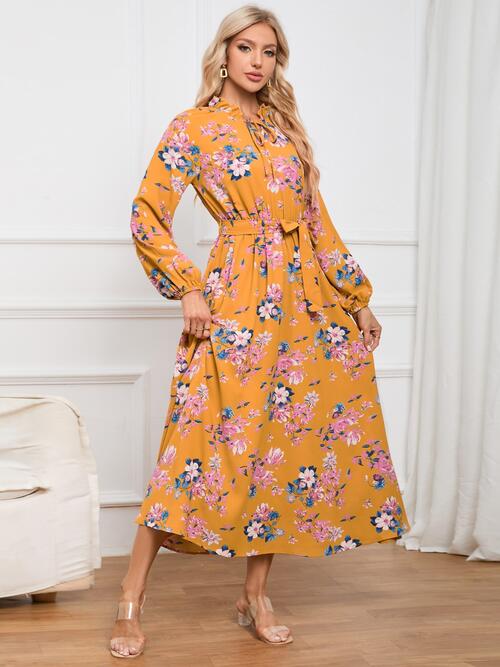 Floral Tie Front Balloon Sleeve Dress