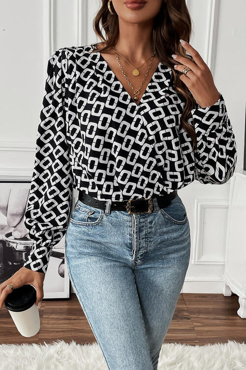 Geometric V-Neck Long Sleeve Blouse - Create the impossible