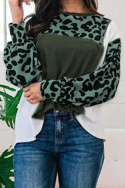 Leopard Color Block Exposed Seam Blouse