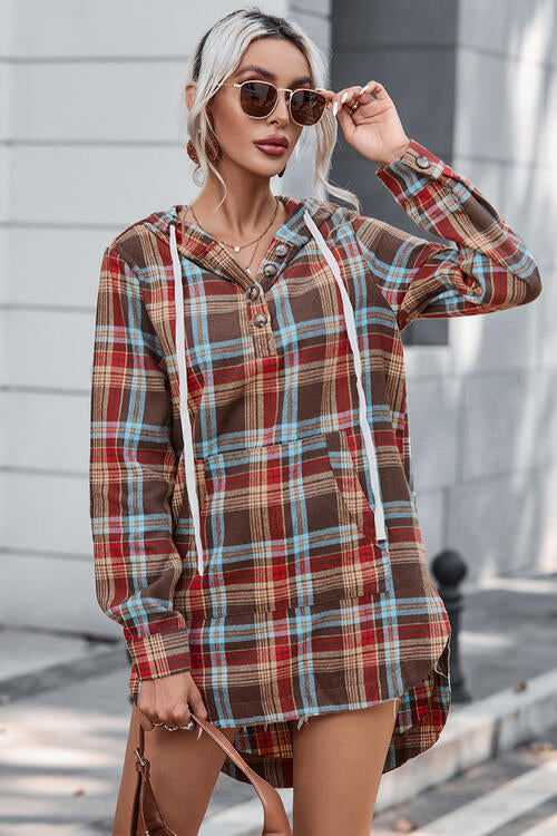 Plaid Drawstring Long Sleeve Hooded Dress with Pocket