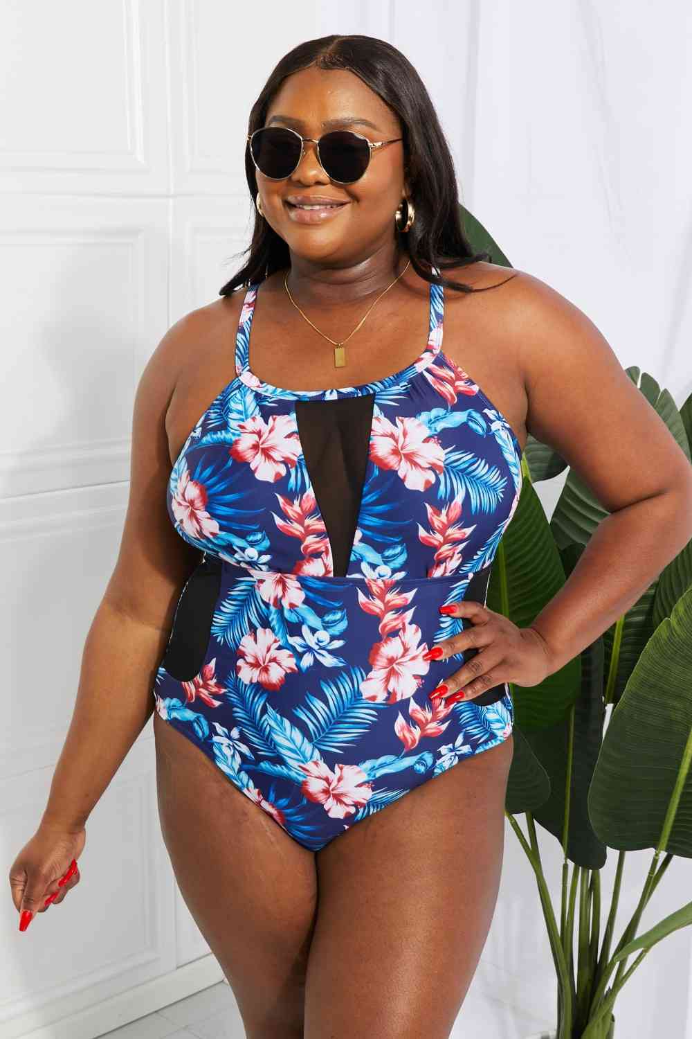 Floral Crisscross Spliced Mesh One-Piece Swimsuit