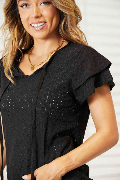 Double Take Eyelet Tie-Neck Flutter Sleeve Blouse - Create the impossible