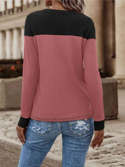 Contrast Buttoned Round Neck Long Sleeve T-Shirt