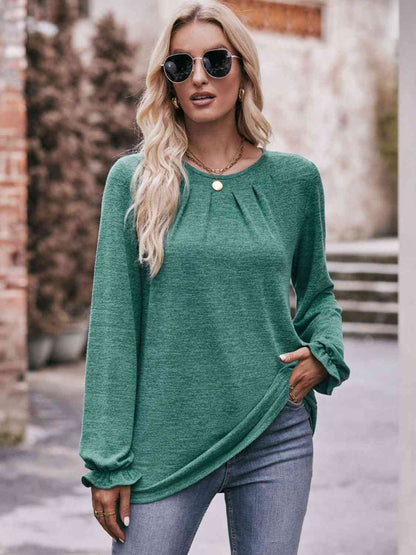 Double Take Long Flounce Sleeve Round Neck Blouse