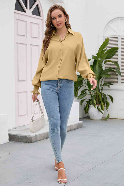 High-Low Collared Neck Lantern Sleeve Shirt