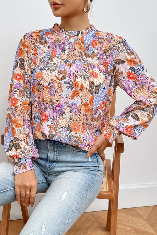 Multicolour Floral Print Sleeve Frilled Round Neck Blouse