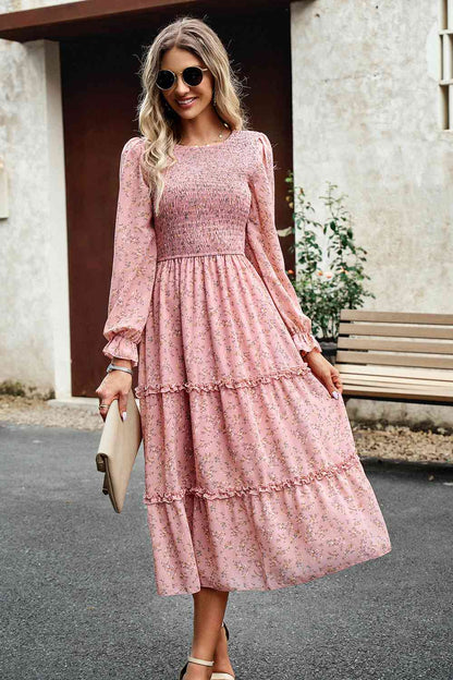 Smocked Flounce Sleeve Midi Dress