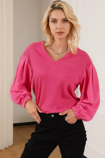 Waffle -Knit V-Neck Long Sleeve Blouse