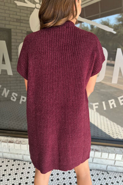 Ribbed Pocketed Mock Neck Short Sleeve Sweater