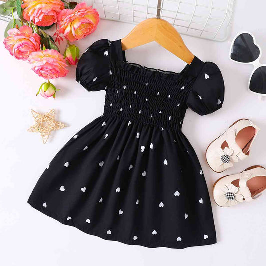 Heart Print Smocked Square Neck Dress