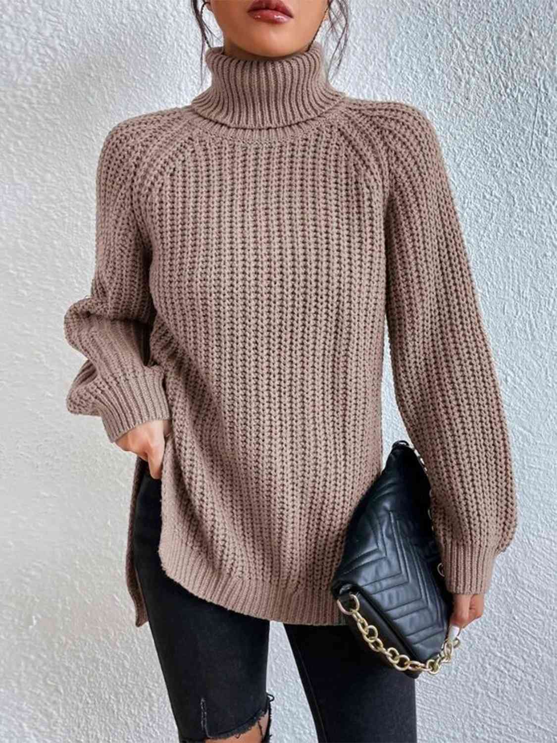 Full Size Turtleneck Rib-Knit Slit Sweater - Create the impossible