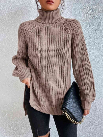 Full Size Turtleneck Rib-Knit Slit Sweater - Create the impossible