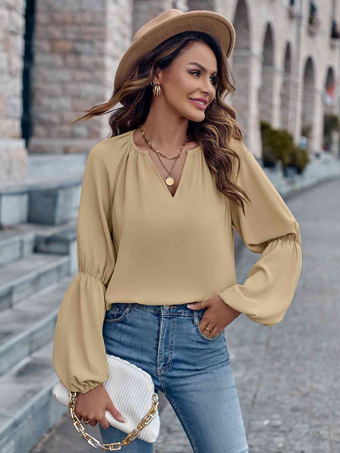 Notched Neck Long Sleeve Top