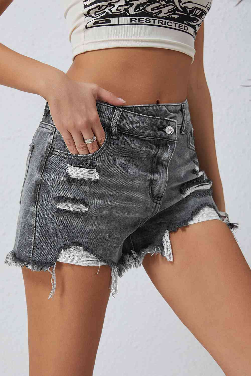 Asymmetrical Distressed Denim Shorts