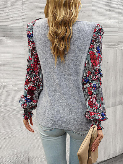 Round Neck Contrasting Color Printed Lantern Sleeve Top